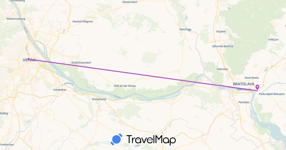 TravelMap itinerary: driving, train in Austria, Slovakia (Europe)
